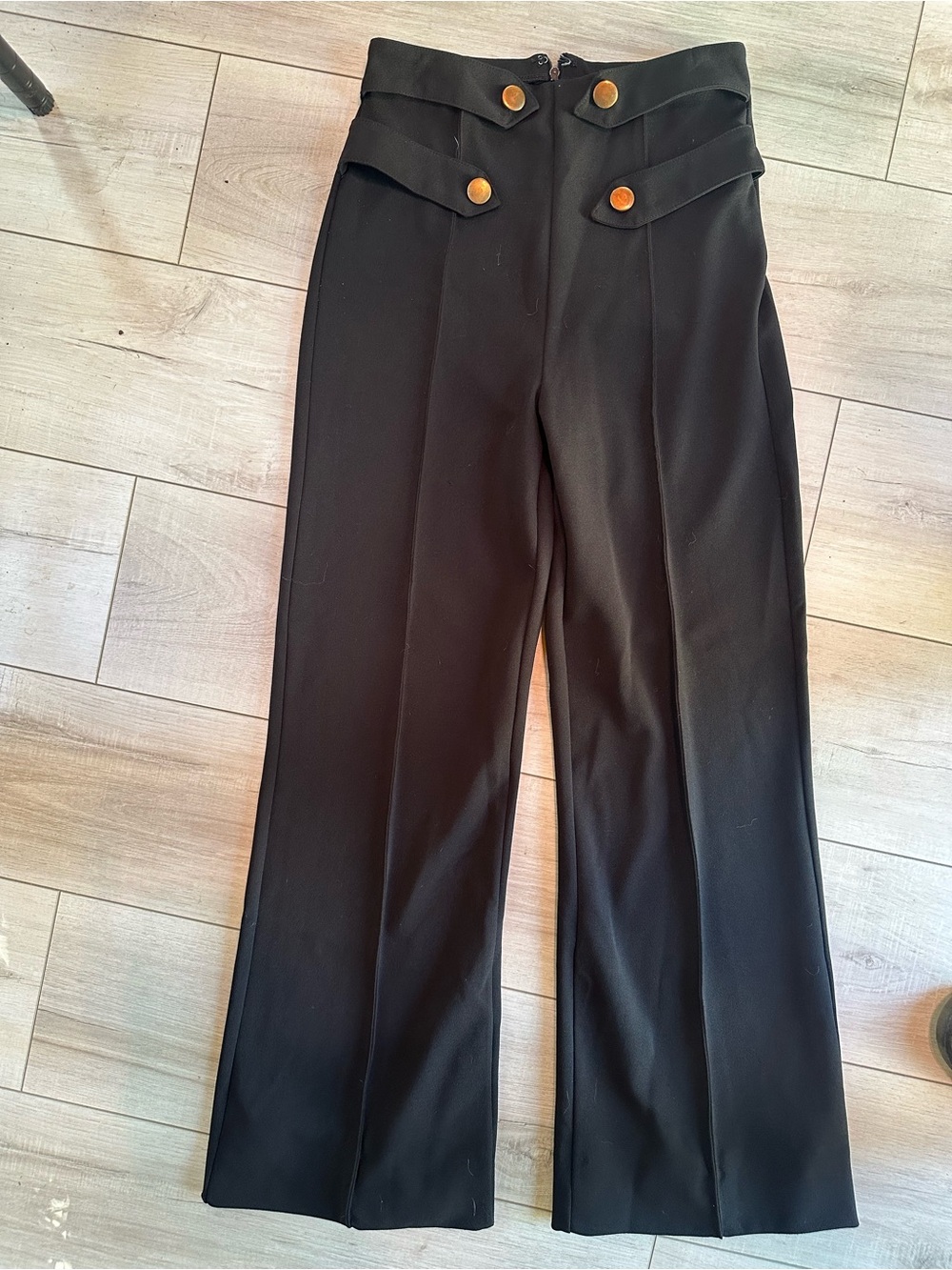 Tailored Black Wide-Leg Pants with Gold Button Accents